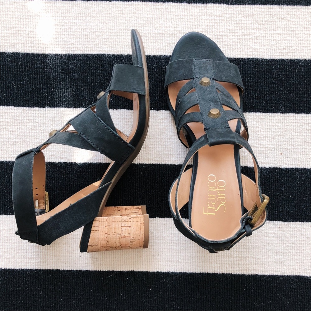 Franco Sarto Black Leather Sandals with Cork Heel✨
